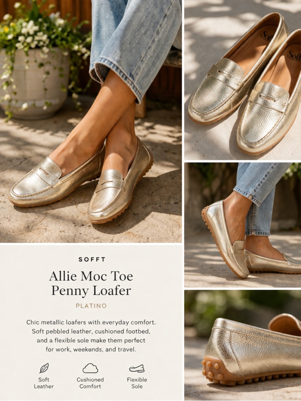 SOFFT Allie Moc Toe Leather Penny Loafer Platino Metallic Gold Sz 8 Comfort - Picture 2 of 9